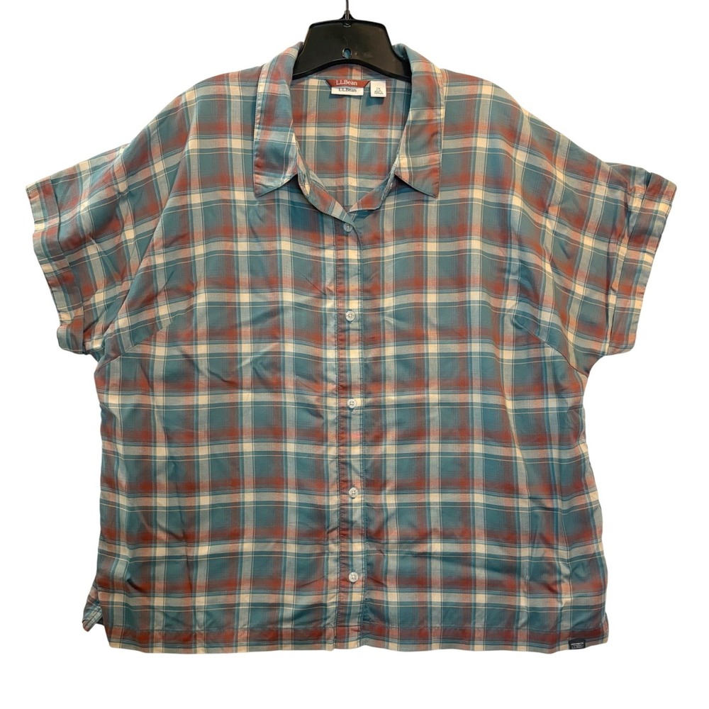 L.L.Bean Button Down Women 1X Blue Orange Plaid Short Sleeve Shirt Gorpcore